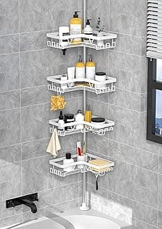 KEGII Corner Shower Caddy Tension Pole - White Shower Tension Rod Organizer, Floor to Ceiling Shower Caddy 25-114.2 inch, Towel Rack Corner Waterproof