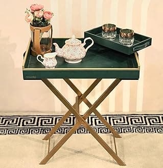 CasaGold: Foldable Leather Table with Metal Stand + Serving, Removable Rectangle Leather Tray Top with Handles, Ideal for Serving and Entertaining (Bottle Green)