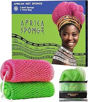 African Net Sponge Authentic - 2 Pieces Exfoliating Body Scrubber Bath Sponge Camellia&Green- Back Scrubber Washcloth for Shower - Real African Scrub Exfoliator Body Care Bathing Accessorie