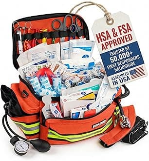 Scherber First Responder Fully-Stocked Professional Essentials EMT/EMS Trauma Kit | HSA/FSA Approved | Reflective Bag w/8 Zippered Pockets & Compartments & 200+ First Aid Supplies - Orange
