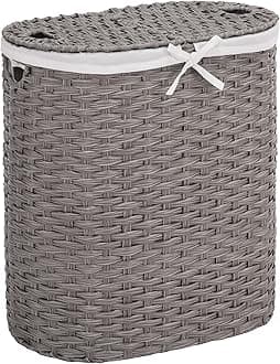 Premium Handwoven Portable Laundry Bin Basket with Carrying Handles, Household Storage for Clothes, Linens, Sheets, Gray, Oval Hamper
