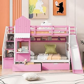 MERITLINE Twin Over Twin Bunk Bed for Kids, Castle Bunk Beds with 2 Drawers 3 Shelves and Slide, Solid Wood Twin Bunk Bed for Kids Girls Boys Teens (Pink)