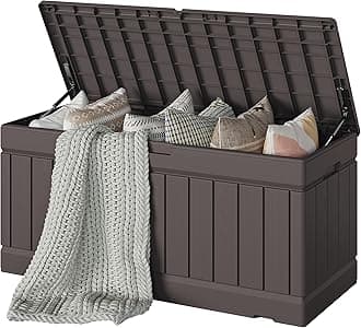 Devoko 78 Gallon Deck Box, Waterproof Resin Outdoor Storage Box for Outside and Patio, Outdoor Storage Bench Lockable for Patio Furniture, Garden Tools and Pool Supplies (Brown, 78 Gallon)