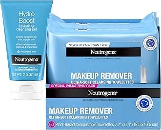 Neutrogena Makeup Remover Facial Cleansing Wipes, Value Twin Pack, 2 X 25Ct, & Hydro Boost Lightweight Hydrating Facial Cleansing Gel With Hyaluronic Acid, 2 Oz, Travel Pack