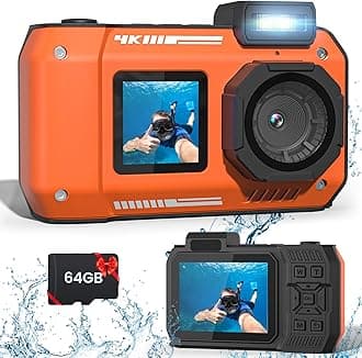 Underwater Camera 4K 65MP 10M Heavy Duty Dustproof Shock Proof Auto Focus Dual Screen Underwater Camera for Snorkeling Diving Snorkeling Digital Camera