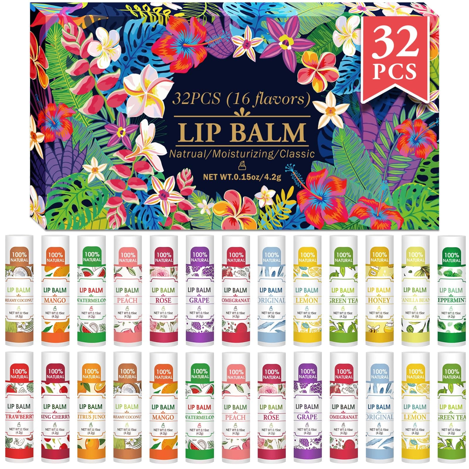 32 Pack Lip Balm, Natural Lip Balm Bulk with Vitamin E and Coconut Oil, Moisturizing Lip Balms for Dry Lips-16 Flavors