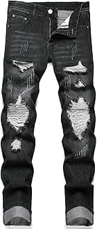OIIIO Men's Ripped Slim Fit Straight Leg Jean Denim Pant