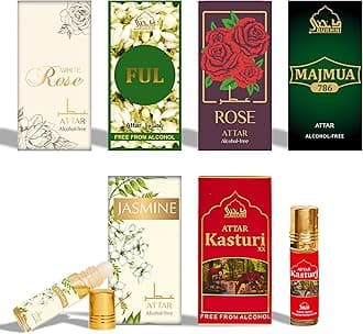 Dukhni Floral Attar Oil Set | 6 x 6ml Authentic Arabic Perfume Oils | Jasmine, Rose, White Rose & Vetiver Fragrances | Pure, Alcohol-Free Rollerball Sampler Collection | Hajj & Umrah Gifting