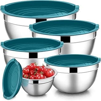 E-far Mixing Bowls with Teal Blue Lids Set of 5, Stainless Steel Mixing Bowls Metal Nesting Bowls with Airtight Covers for Cooking, Baking, Serving, Storage - Size 0.7/1/1.5/3/4.6QT - Dishwasher Safe