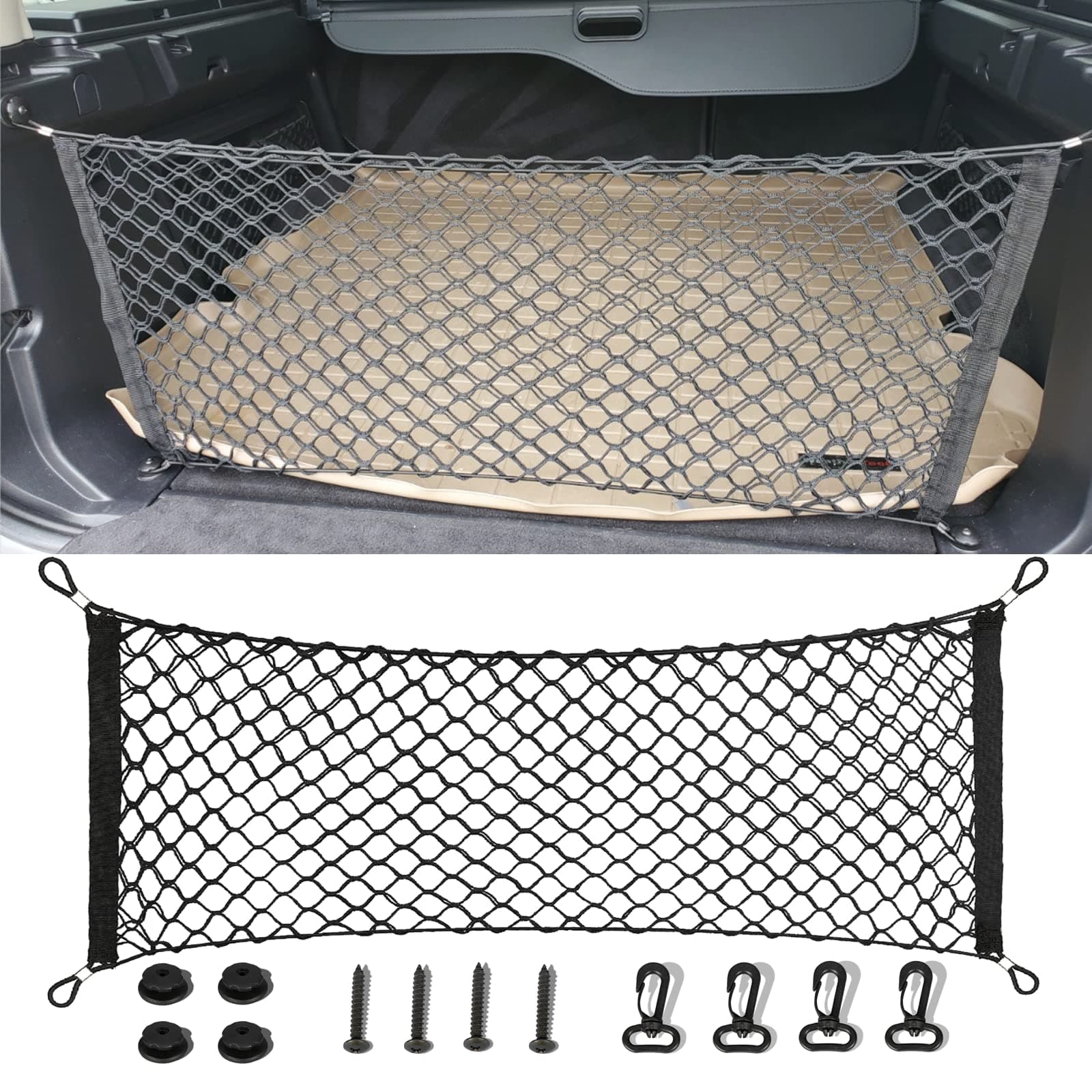 TGNISI Multifunctional Cargo Net - Double-Layer - Adjustable- Nylon Car Trunk Rear Cargo Organizer for Car, Truck, SUV,Jeep, Pickup Black
