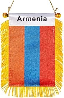 WXTWK 3 X 5 Inch Armenia Flag Armenian Window Hanging Flag Small Mini Car Flags Banners Rearview Mirror Decoration With Suction Cup Golden Fringy Banner