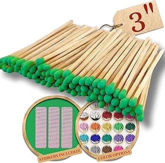 100 Count - 3" Long Green Color Matches | Three Inch Coloful Loose Wooden Safety Match Sticks for Candle Display | Refill Decorative Jar Holder Bottle | Striker Included