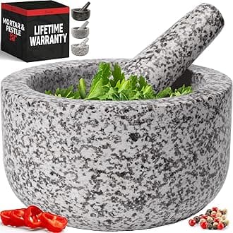 PriorityChef Heavy Duty Natural Granite Mortar and Pestle Set, Hand Carved, Make Fresh Guacamole, Salsa, Pesto, Stone Grinder Bowl, Herb Crusher, Spice Grinder, 4 Cup, White