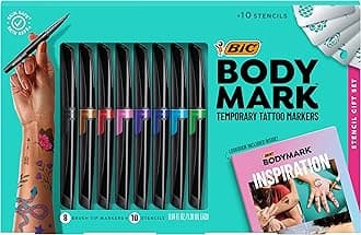 BIC BodyMark Temporary Tattoo Markers for Skin, Stencil Gift Set, Flexible Brush Tip, 8-Count Pack of Assorted Colors, Skin-Safe, Cosmetic Quality