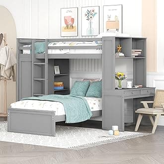 Twin Over Twin Bunk Bed with Built-in Desk and Wardrobe, Solid Wood Loft Bed & Stand-alone Platform Bed with Storage Shelves and Safety Guardrail for Kids Teens Adults, Maximize Space (Gray-4)