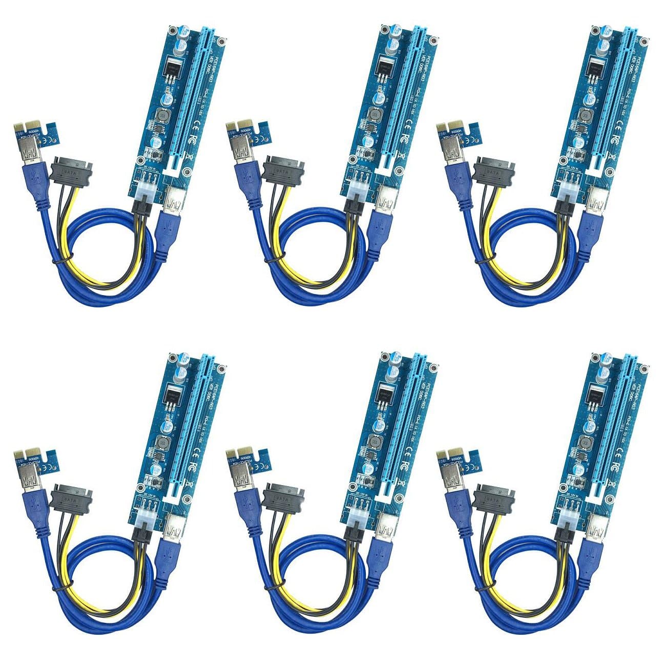 PCIe Riser Mining Card PCI-E 16x to 1x Powered Riser Adapter Card w/USB 3.0 Extension Cable & 6 Pin PCI-E to SATA Power Cable - Ethereum Mining ETH - GPU Riser Adapter Extender Cable, 6-Pack