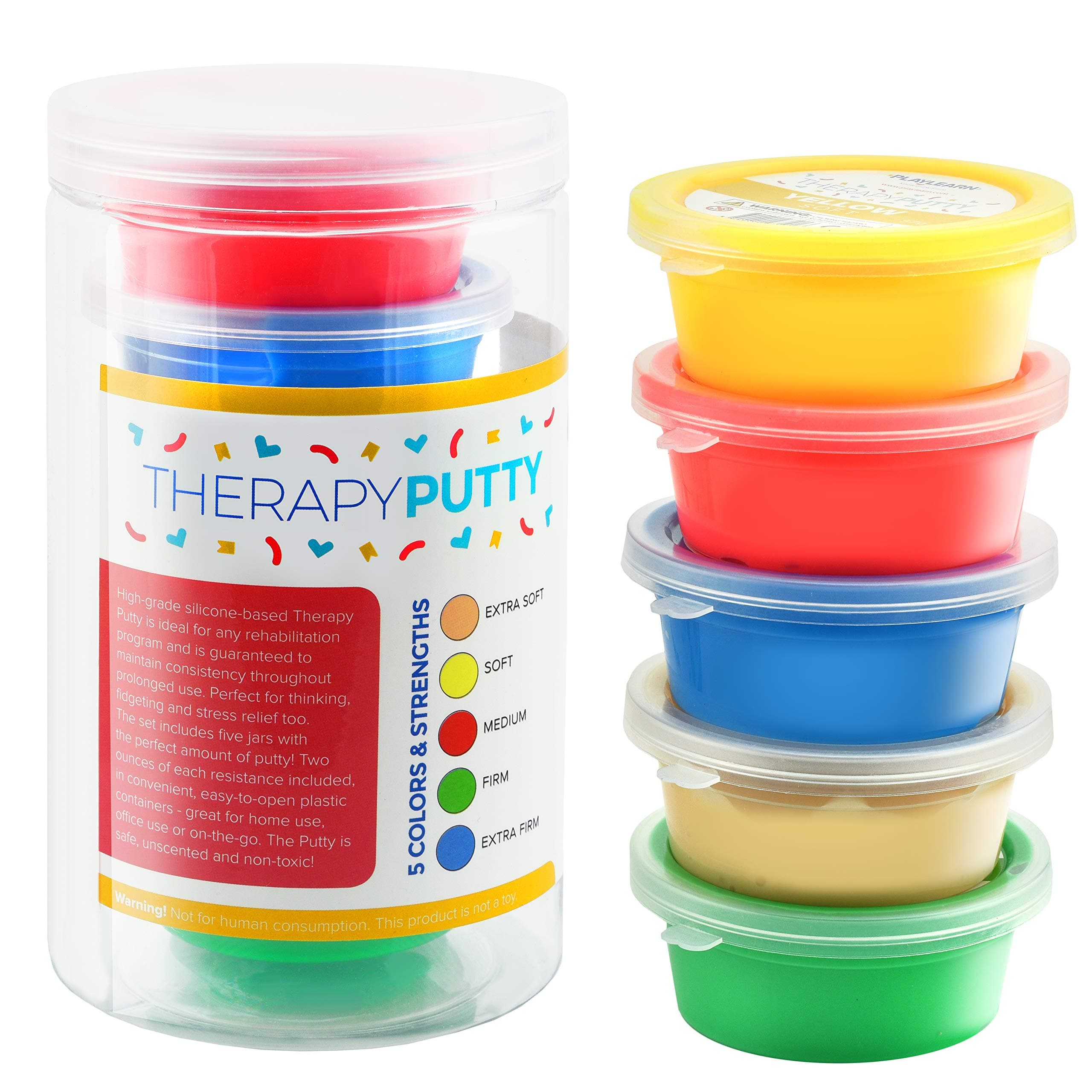 Playlearn 5 x Therapy Putty Squeezable Non-Toxic, Hand Exercise, 5 Strengths Extra Soft/Soft/Soft-Medium/Medium/Firm Individually Colour Coded for Adults & Children 57g (2oz) Tubs -Packaging May Vary