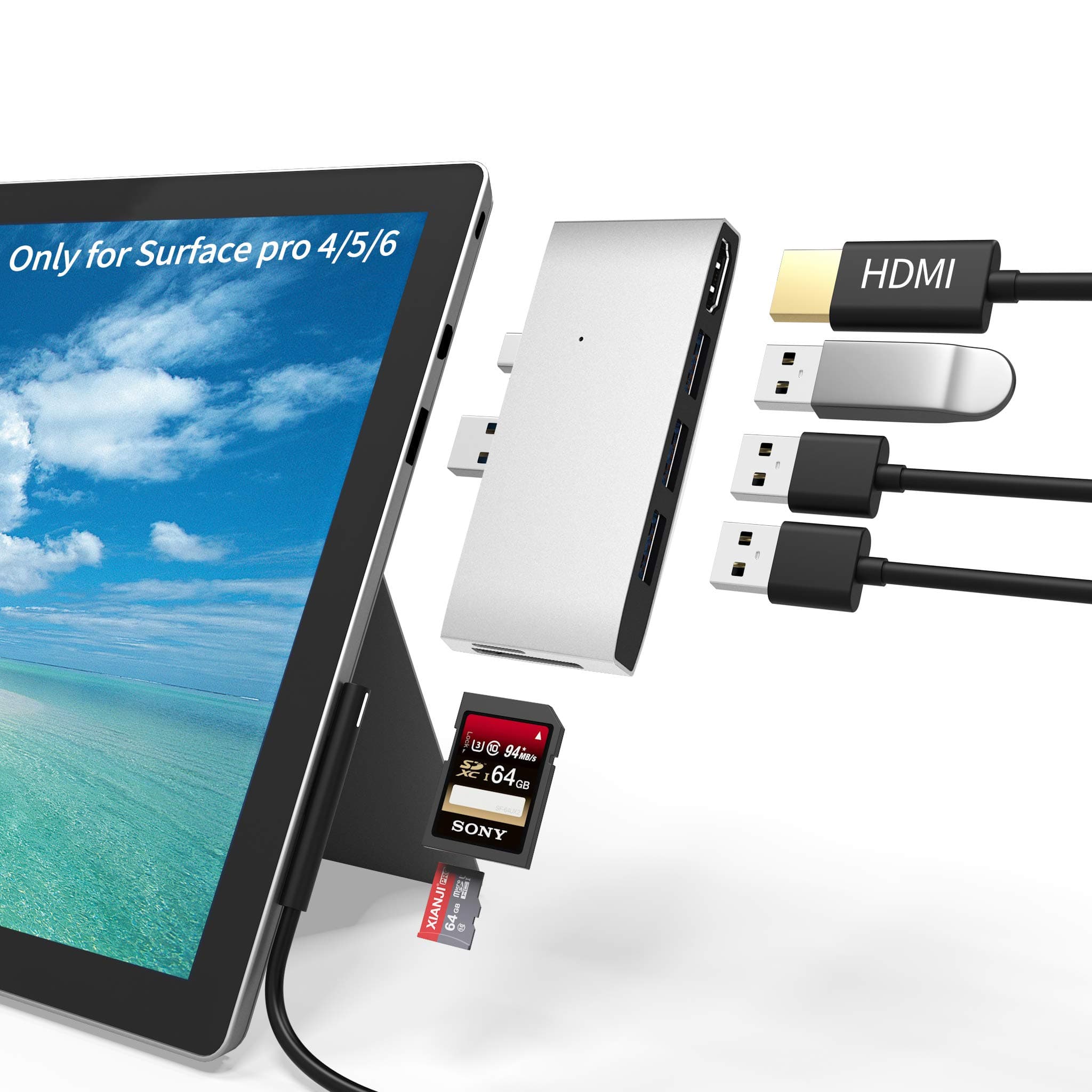 Surface Pro Docking Station USB 3.0 Hub, SD & TF/Micro SD Card Reader, 4K HDMI Port Converter for Surface Pro 6/5/4