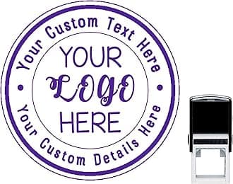 Custom Business Logo Double Round Border Stamp - 3 Lines of Text - Self Inking Stamper - Rubber Personalized Stamp - Stamps for Local Business - Personalized Business Stamps (Purple)