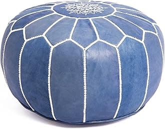 Marrakesh Gallery Moroccan Pouf Cover - Round & Large Ottoman Leather Cover Pouf - Bohemian Living Room Decor - Hassock & Ottoman Footstool - Unstuffed (Bleu)
