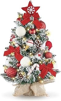 WBHome 1.8 Feet Pre-lit & Pre-Decorated Tabletop Christmas Tree, Red White Ornament Decorations with Pine Cones, Snow Flocked Mini Christmas Tree with Lights, 35 Bulbs (1.8FT)