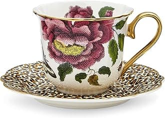 Creatures of Curiosity Fine China Teacup & Saucer Set with Leopard Print - 8.5oz Decorative Porcelain Tableware with 22ct Gold Trim for Afternoon Tea or Vintage Display