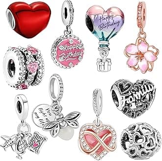 10 Pack Silver Charms for Pandora Bracelets and Necklaces Charms for Women CZ Pendant Jewelry Charm Set