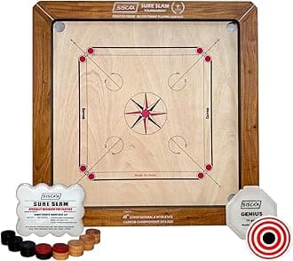 Sportz Saga Siscaa Tournament Sureslam Carrom Board - Premium Indian Ply - Includes Sure Slam Coin, Genius Striker, Top Cover, 30gm Powder - Siscaa Carrom Board Full Size 35 inch for Champions