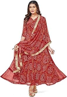 VIHARA THREADSWomen's Bandhani Print Anarkali Kurta with Matching Dupatta, Ethnic Indian Wear