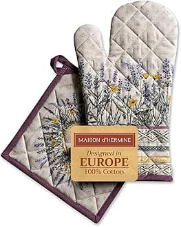 Maison d' Hermine 100% Cotton Oven Mitt & Pot Holder Set (19 x 33 cm & 20 x 20cm) Heat Resistant BBQ Cooking Gloves with Loop, Baking, Grilling, Handling Hot Pans Spring/Summer (Fanny Lavender)