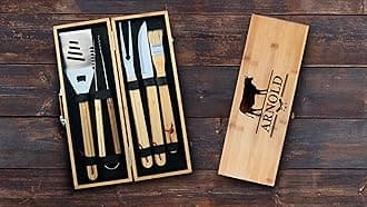 Personalized BBQ Grill Set for Dad | 5 Piece Bamboo BBQ Set in Case | BBQ Set with Custom Engraved Bamboo Case | Gift for Him | Gift for Dad