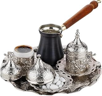 DEMMEX Turkish Greek Arabic Coffee Making and Serving Full Set with Cups Saucers Lids Sugar Bowl Tray and Copper Coffee Pot, Hand Decorated with Gold Crystals, 12 Pcs (Silver)