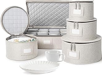 StorageLAB China Storage Set, Hard Shell and Stackable, for Dinnerware Storage and Transport, Protects Dishes Cups and Mugs, Felt Plate Dividers Included (Cream, 5 Piece Quilted Set for China Storage)
