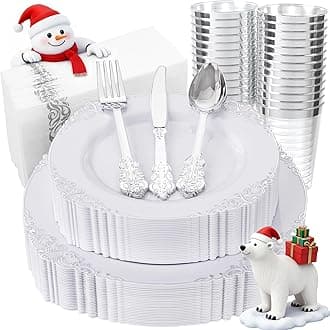 Nervure 175PCS White and Silver Plastic Plates - Silver Plastic Dinnerware Sets for 25 Guests - 25 Silver Disposable Plates, 75 Silver Plastic Silverware, 25 Cups, 25 Napkins for Wedding & Party