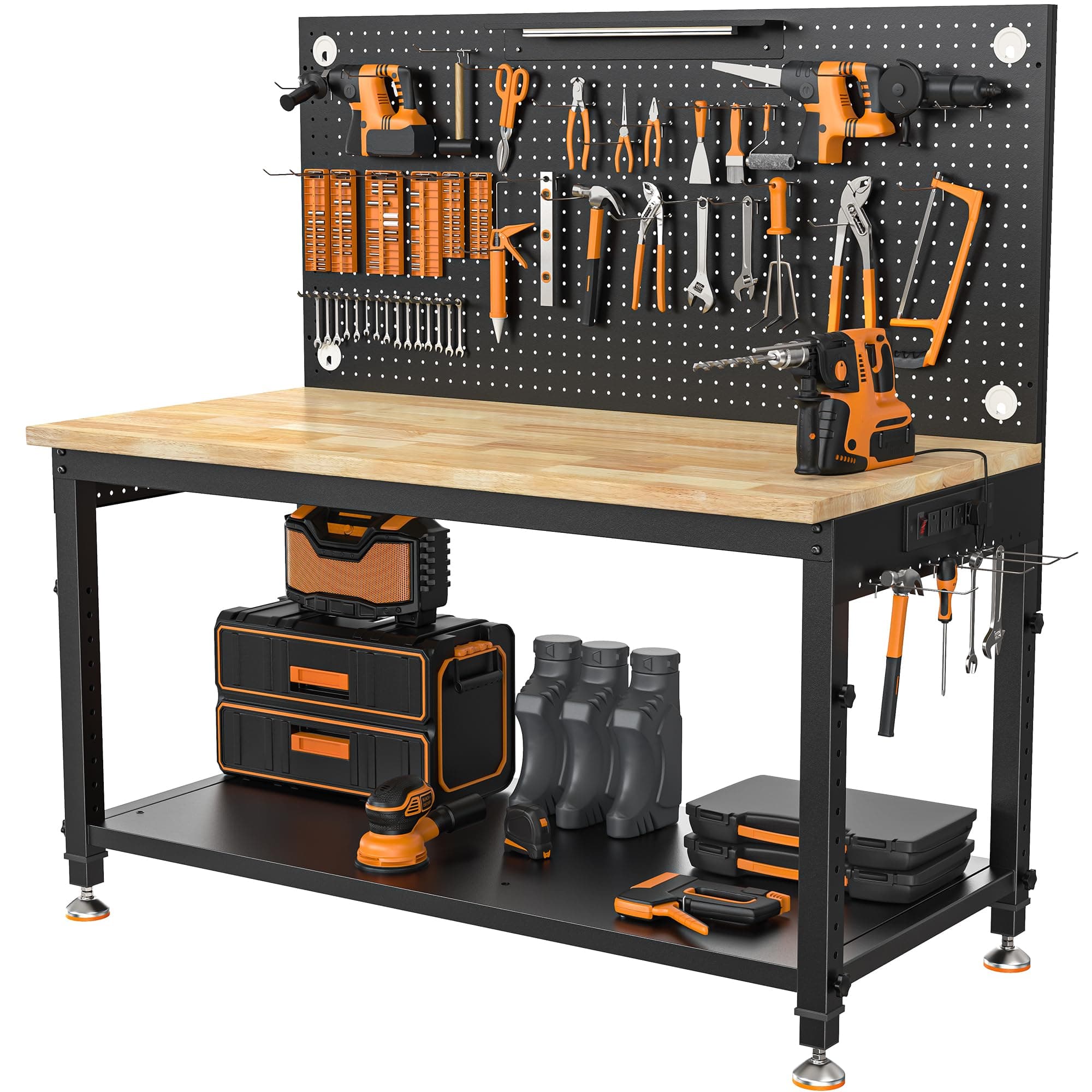 48" Heavy Duty Work Bench Adjustable Height Max Load 2000 LBS with Storage Shelf for Garage Workbench, Rubberwood Tabletop with Pegboard, LED Light, Built-in Power Strip for Woodworking Shop