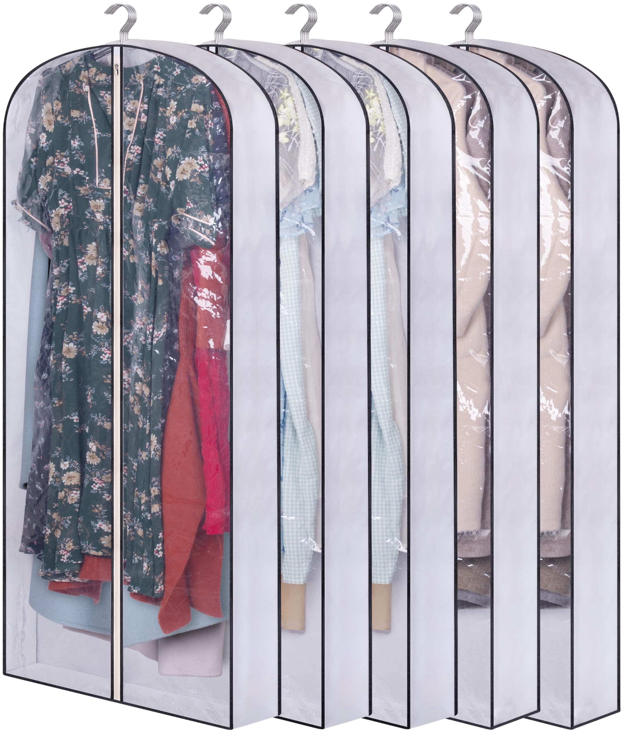 60" Long Hanging Garment Bags for Closet Storage Gusseted Clear Dress Bag for Clothes, Gowns, Coats, Suits, 5 Packs
