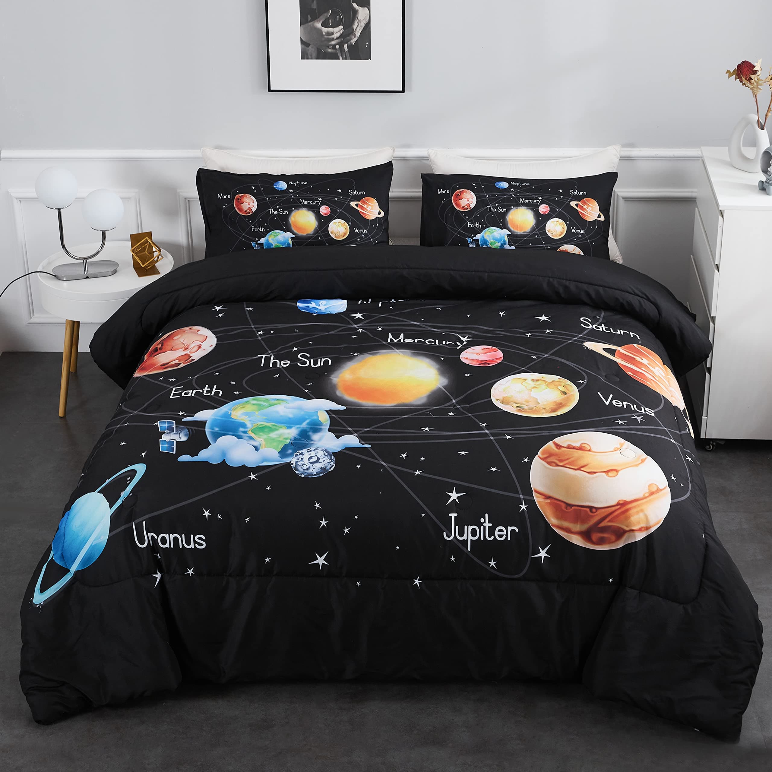 Solar System Comforter Set Queen Universe Planets Theme Bedding Set 3 Pieces 1 Space Comforter and 2 Pillow Shams for Boys Girls Kids Ultra-Soft Microfiber All Seasons for Bedroom Sofa