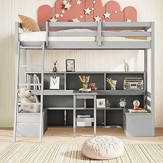 Okak Twin Size Loft Bed, Toddler Kids Loft Bed with Desk and Storage, Wood Beds Frames with Shelves, Drawers, Seat for Girls or Boys Room, Gray/Grey