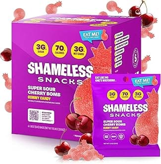 Shameless Snacks - Healthy Low Calorie Snacks, Low Carb Keto Gummies (Gluten Free Candy) - 6 Pack Sour Cherry Bomb