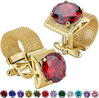 Birthstone Gold Tone Cufflinks for Men with Chain Shirt cuff links Wedding Business Birthday Christmas Gifts for Men