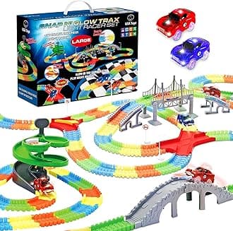 Glow Race Tracks for Boys â€“ 360pk Light Up Snap Nâ€™ Glow in The Dark Magic Rainbow Race Tracks for Kids w/ Light Up Car Toys, Slot Car Racing Track Set
