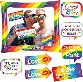 Rainbow Gay Pride LGBT Party Inflatable Photo Booth Frame with 9Pcs Photo Booth Props Selfie Picture Frame for Gay Pride LBGT Party Game Accessories,Giant Props&Frame Celebration Blow Up PartyProps
