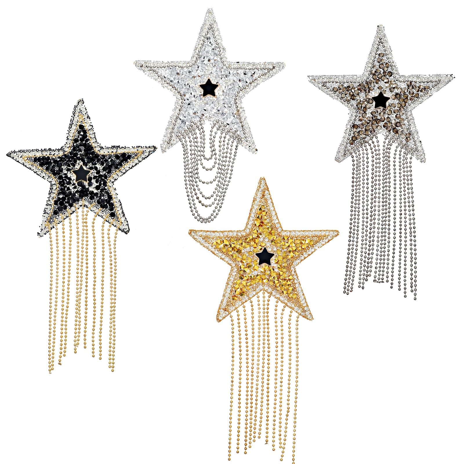 4Pcs Five-Pointed Star Pattern Tassel Patch,Mixed Color Shiny Rhinestone Patches Iron on Patch Fashion Applique with Chain Tassel for Badge DIY Patch Clothes