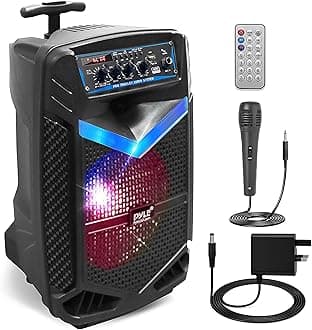 Pyle, Portable PA System, Active Speakers, Powered Speakers –400W Rechargeable Outdoor Bluetooth Speaker- w/ 18” Subwoofer 1” Tweeter, Microphone and Speaker, PartyBox Lights, Recording, USB/SD/Radio