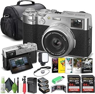 X100VI Digital Camera (Silver) (16821822) + 2 x 64GB Card + Card Reader + 2 x NP-W126 Battery + Charger + LED Light + Photo Software + Carry Case + Flex Tripod + Memory Card Wallet + More