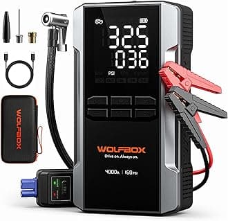 WOLFBOX 4000A Jump Starter with 160PSI Air Compressor, 12V Car Battery Booster, 88.8Wh Portable Jump Box (10.0 Gas/10.0L Diesel) with 65W Fast Charge, Tire Inflator, Jumper Cables, and LED Light