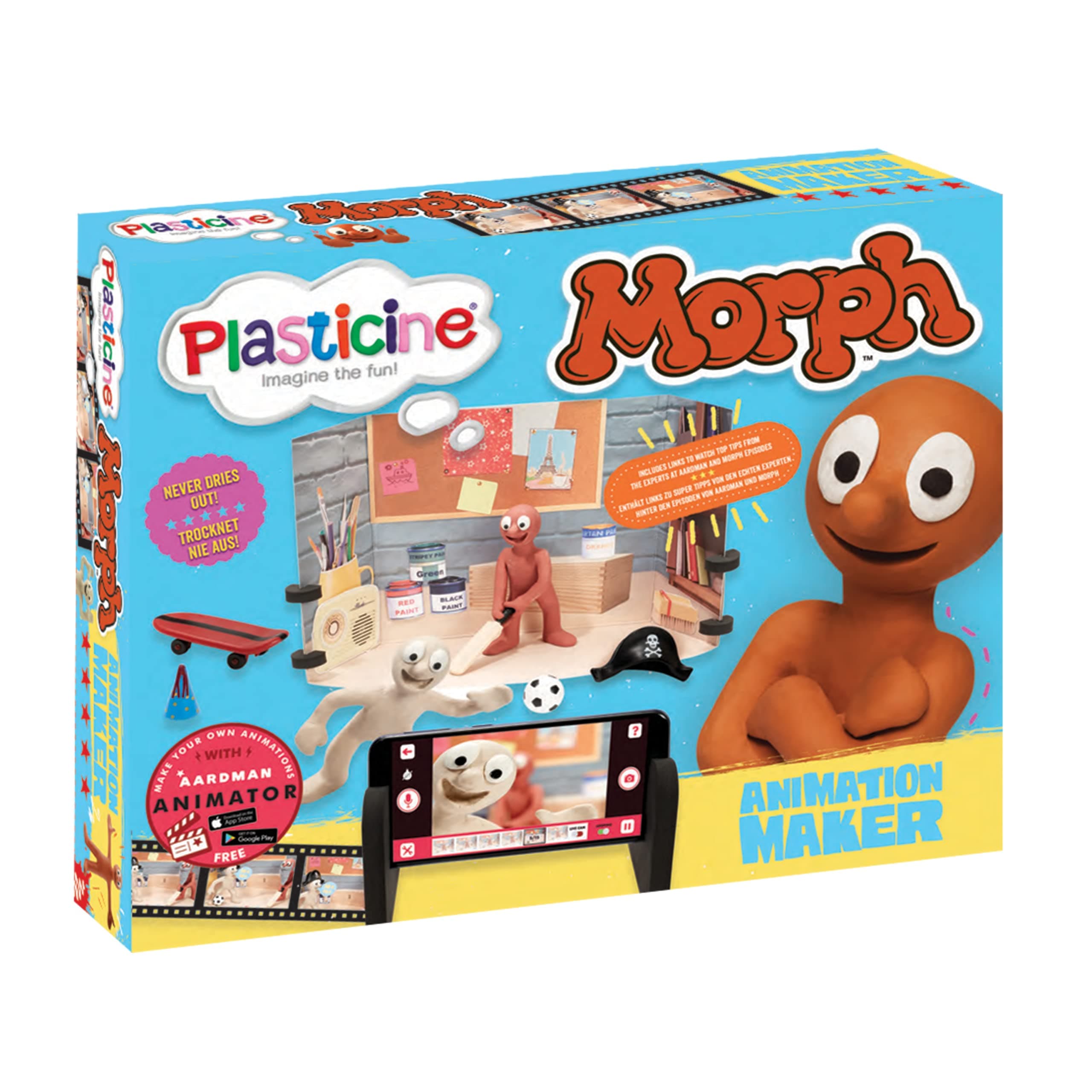 The Original Plasticine, Morph Animation Kit – Create Your Own Morph & Chas Stop Motion Films, Includes Tabletop Set, Scene Props, Modelling Clay, and Free Aardman Animator App for Ages 5+