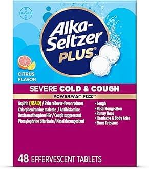 - Alka-Seltzer Plus Severe,Cold & Cough Medicine For Adults,PowerFast Fizz Citrus Effervescent Tablets,Fast Relief of Headache,Sore Throat,Nasal & Sinus Congestion,Runny Nose,& Fever,48ct
