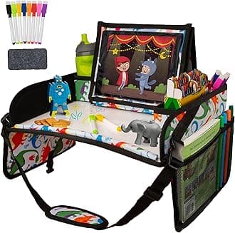 Kids Car Seat Travel Tray - Dry-Erase Tablet Holder for Road Trip Activities - Cup Holder & Storage for Toddler Travel Essentials - Plane Activity Tray for Airplane Essentials - Dinos