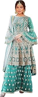 Miss Ethnik Women's Beige Net Semi Stitched Top With Stitched Net Bottom and Net Dupatta Embroidered Flared Top Dress Material (Kurta Palazzo Set) (D-1027)_Free Size